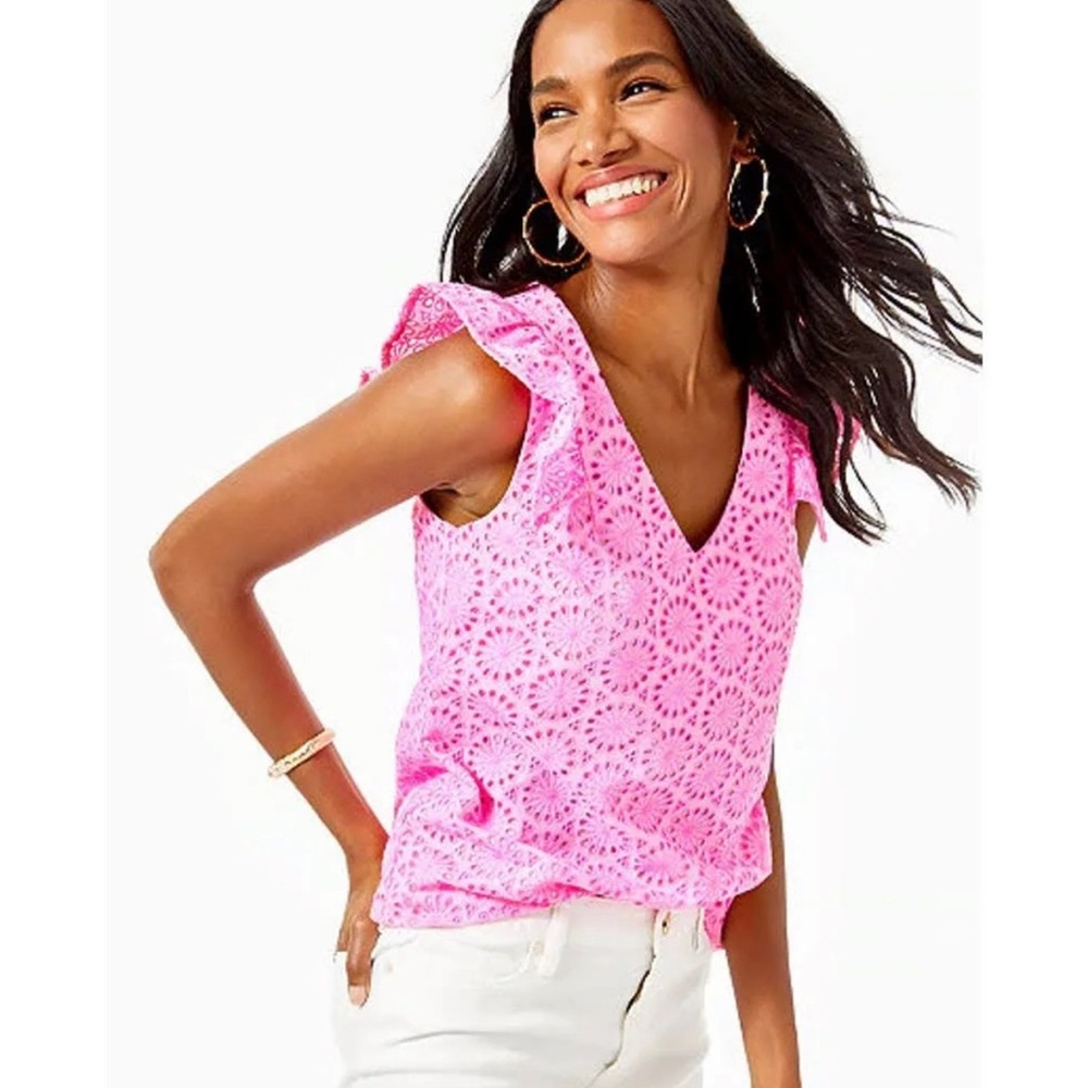 Lilly Pulitzer Lina Eyelet Top, Pink Sz S